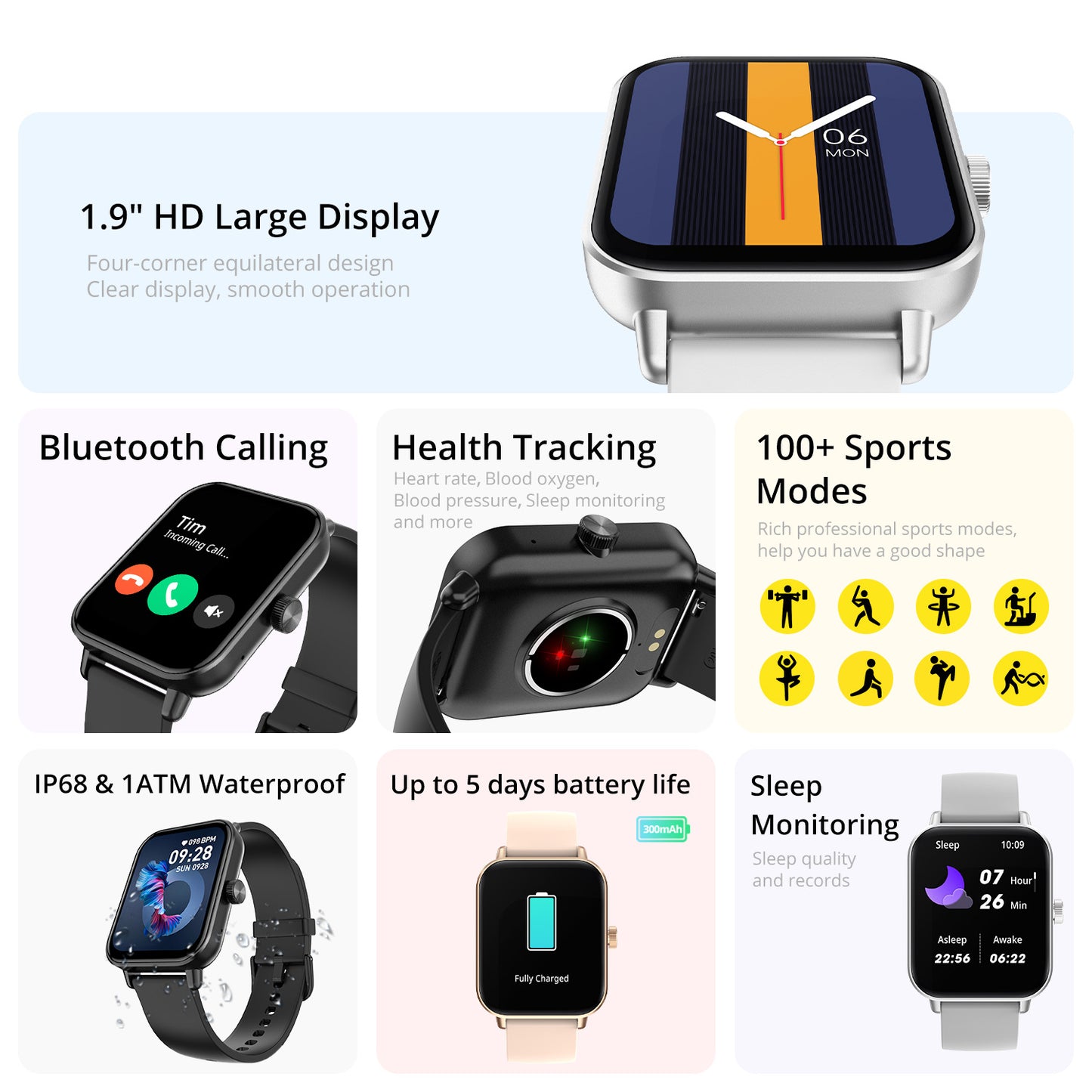 Smartwatch Bluetooth Calling, Deteksi Oksigen & Layar IPS Stylish
