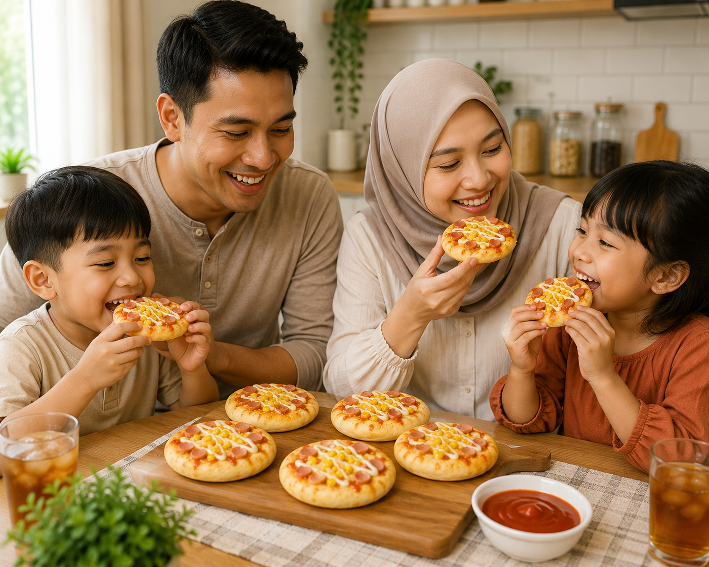 Keluarga bahagia menikmati pizza mini rumahan bersama