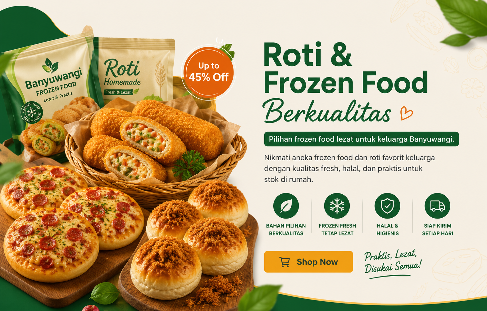 Banner promo roti dan frozen food Banyuwangi Fresh Food berkualitas halal dan siap santap