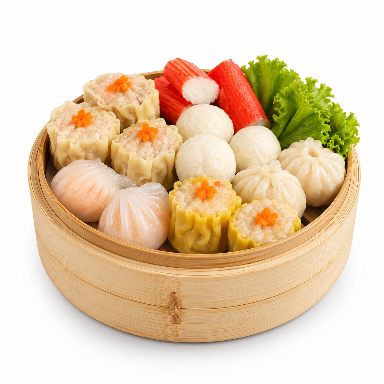 Dimsum dan suki frozen premium dalam bamboo steamer untuk kategori frozen food