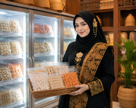Muslimah syari mengenakan busana adat Jawa Timur sedang membawa produk frozen food di toko frozen food terdekat Banyuwangi Frozen Food