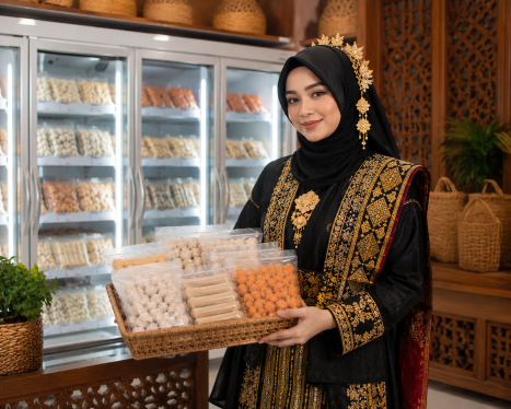 Muslimah syari bernuansa Makassar membawa produk frozen food berkualitas di toko frozen food terdekat Banyuwangi Frozen Food